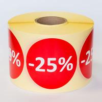 Наклейка скидка "-25%" круглая D 70 мм бумага (1000 шт в рулоне)