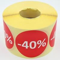 Наклейка скидка "-40%" круглая D 70 мм бумага (1000 шт в рулоне)